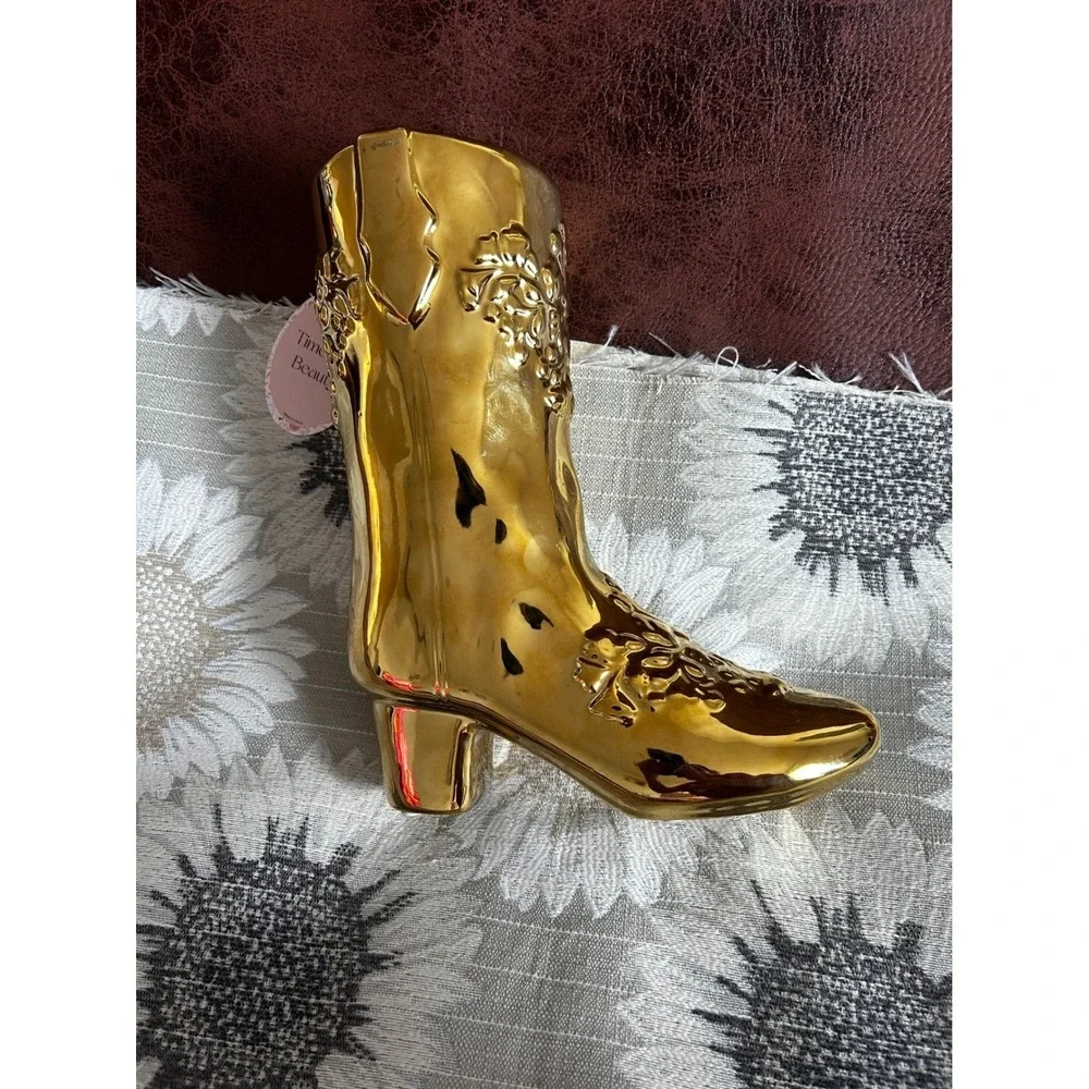 Metallic Gold Cowboy Boot Ceramic Vase Western Floral Embossed Decorative Accent